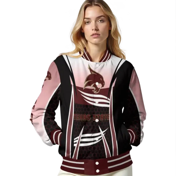 customized texas state bobcats mesh effect maroon black varsity jacket latest model.webp