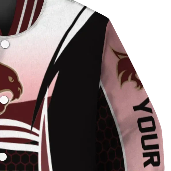 customized texas state bobcats mesh effect maroon black varsity jacket premium grade.webp