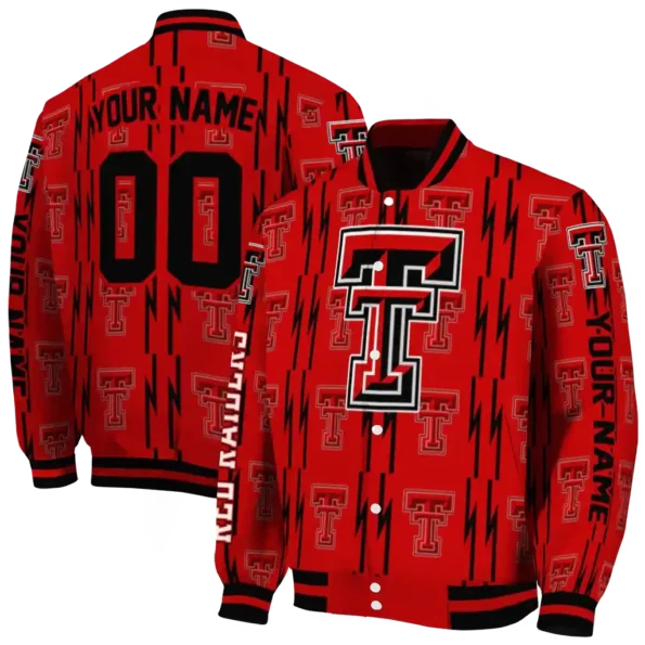 customized texas tech red raiders bolt stripe red varsity jacket fashion forward.webp