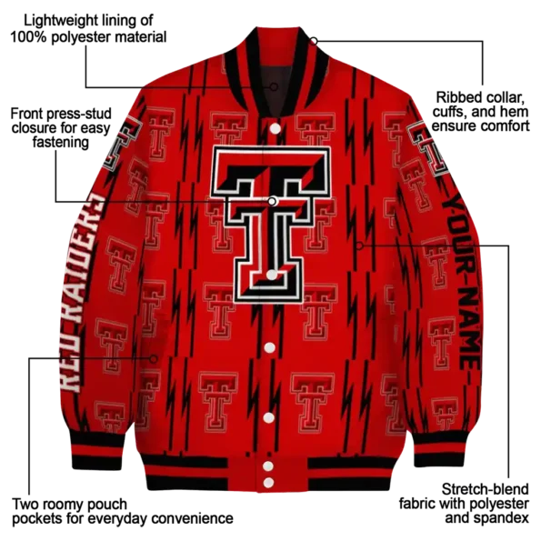 customized texas tech red raiders bolt stripe red varsity jacket new arrival.webp