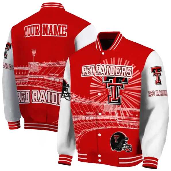 customized texas tech red raiders ferris arena red white varsity jacket fashion forward.webp