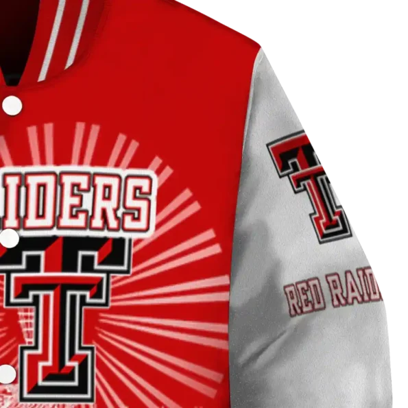 customized texas tech red raiders ferris arena red white varsity jacket premium grade.webp
