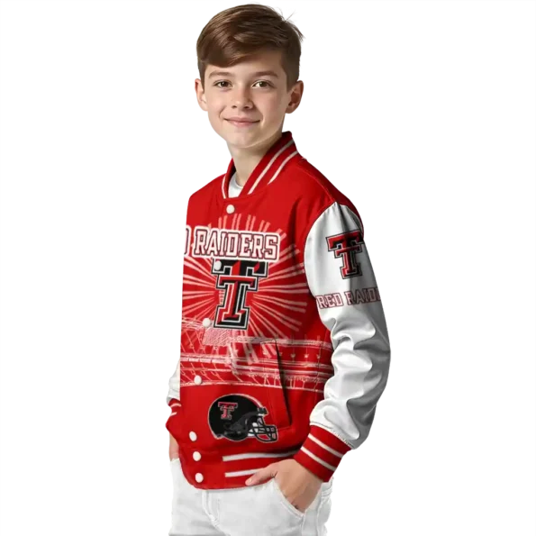 customized texas tech red raiders ferris arena red white varsity jacket trendy.webp