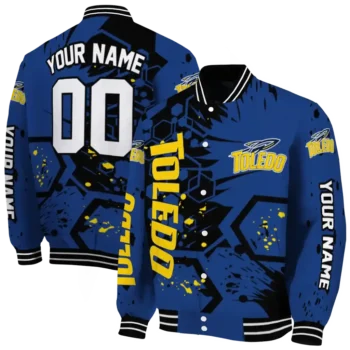 customized toledo rockets hexagon cluster blue black varsity jacket fashion forward.webp