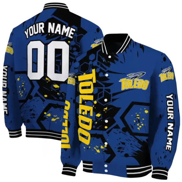 customized toledo rockets hexagon cluster blue black varsity jacket fashion forward.webp