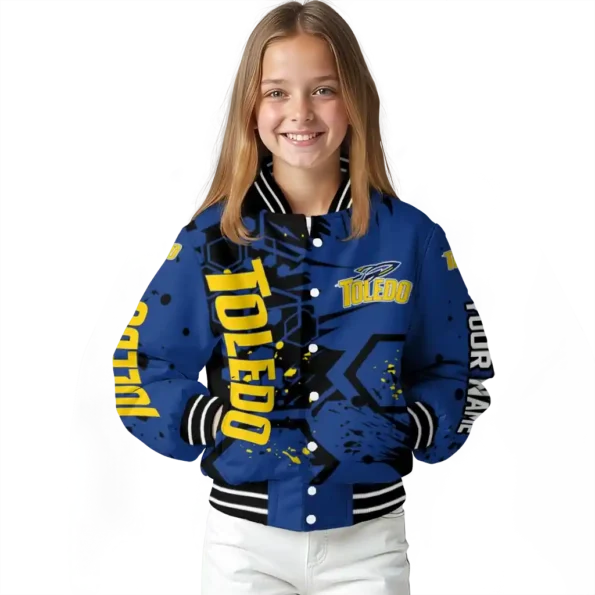 customized toledo rockets hexagon cluster blue black varsity jacket top rated.webp