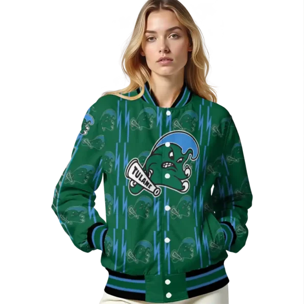 customized tulane green wave bolt stripe green varsity jacket latest model.webp