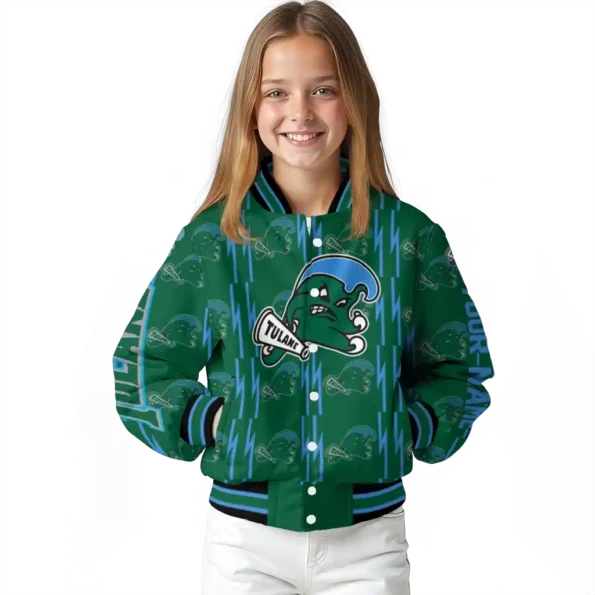 customized tulane green wave bolt stripe green varsity jacket top rated.webp