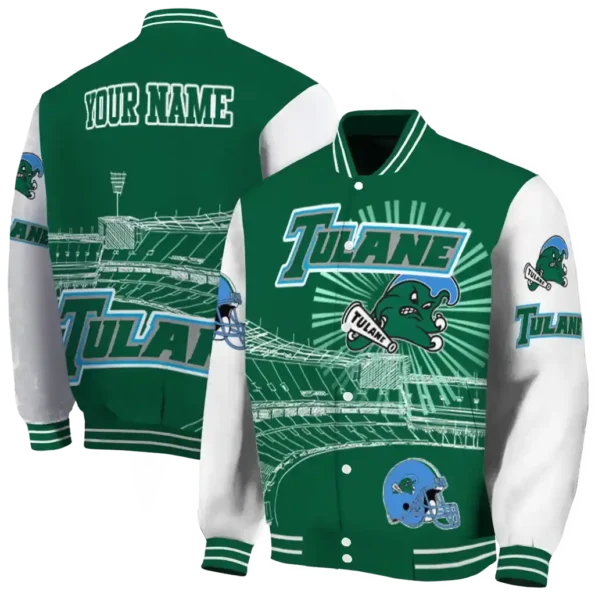 customized tulane green wave ferris arena green white varsity jacket fashion forward.webp