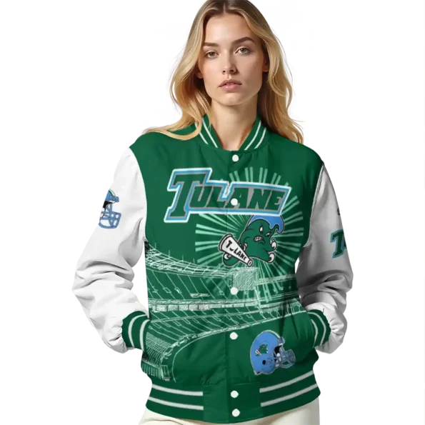 customized tulane green wave ferris arena green white varsity jacket latest model.webp