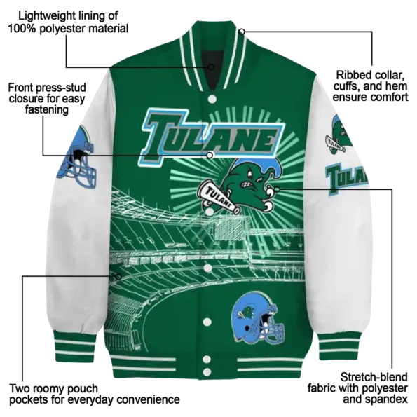 customized tulane green wave ferris arena green white varsity jacket new arrival.webp