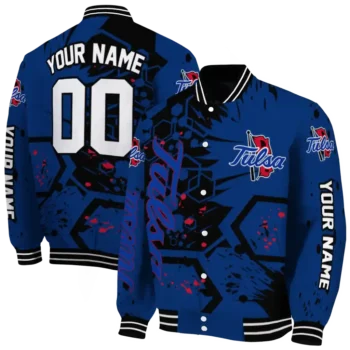 customized tulsa golden hurricane hexagon cluster blue black varsity jacket fashion forward.webp