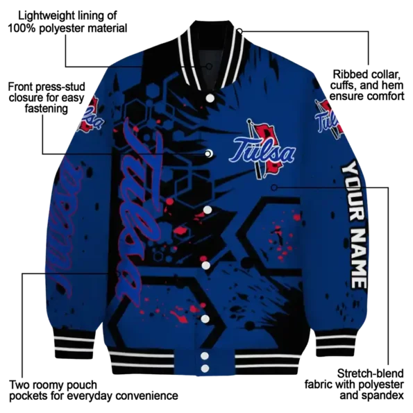 customized tulsa golden hurricane hexagon cluster blue black varsity jacket new arrival.webp