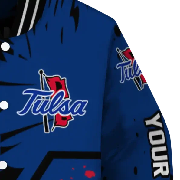 customized tulsa golden hurricane hexagon cluster blue black varsity jacket premium grade.webp