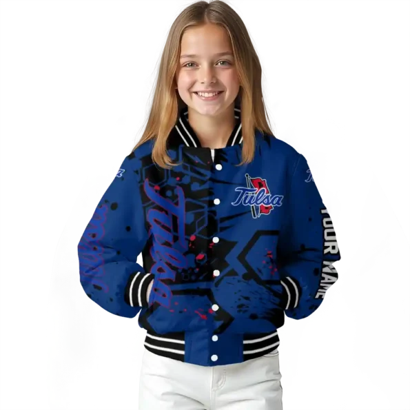 customized tulsa golden hurricane hexagon cluster blue black varsity jacket top rated.webp