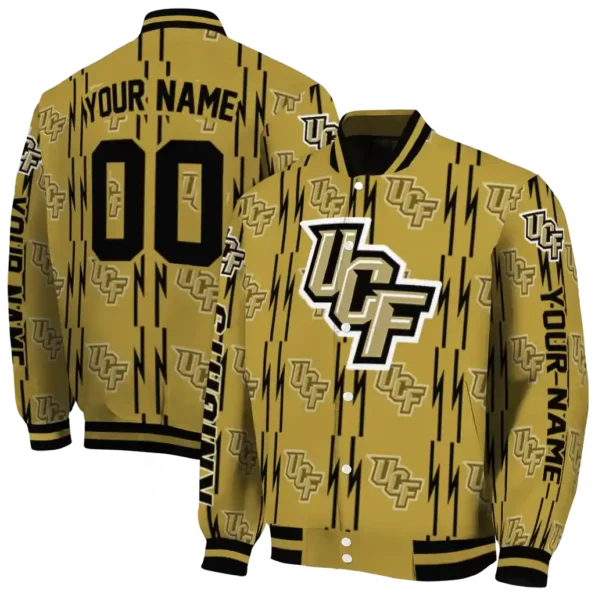 customized ucf knights bolt stripe gold varsity jacket fashion forward.webp