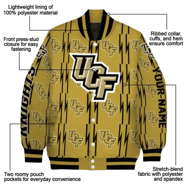 customized ucf knights bolt stripe gold varsity jacket new arrival.webp