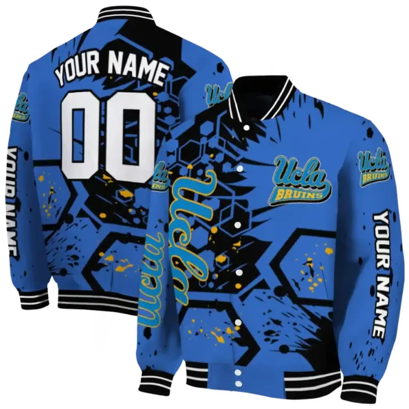 customized ucla bruins hexagon cluster blue black varsity jacket fashion forward.webp