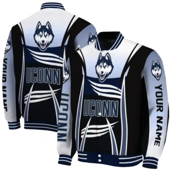 customized uconn huskies mesh effect blue black varsity jacket fashion forward.webp