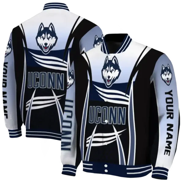 customized uconn huskies mesh effect blue black varsity jacket fashion forward.webp