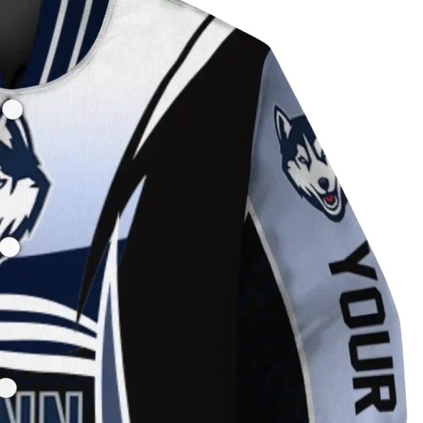 customized uconn huskies mesh effect blue black varsity jacket premium grade.webp