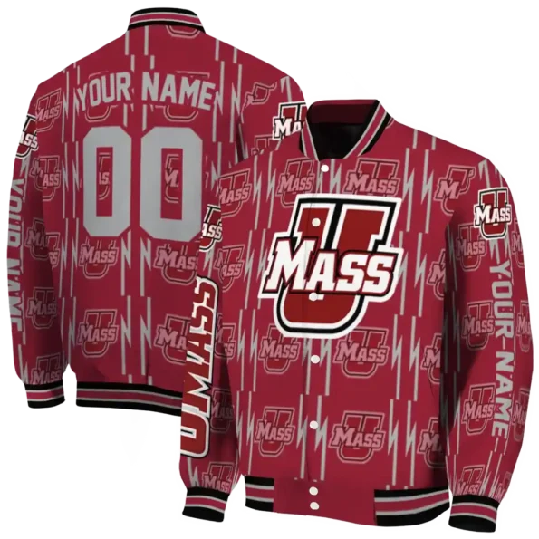 customized umass minutemen bolt stripe red varsity jacket fashion forward.webp