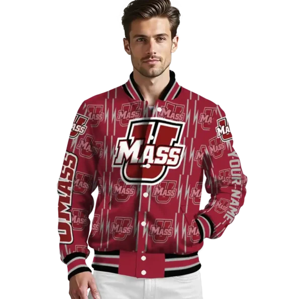 customized umass minutemen bolt stripe red varsity jacket high quality.webp