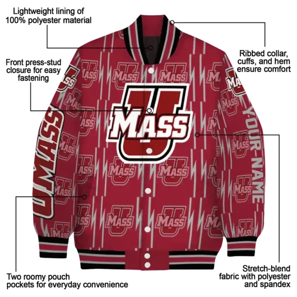 customized umass minutemen bolt stripe red varsity jacket new arrival.webp