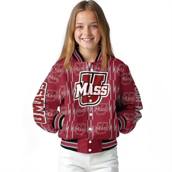customized umass minutemen bolt stripe red varsity jacket top rated.webp