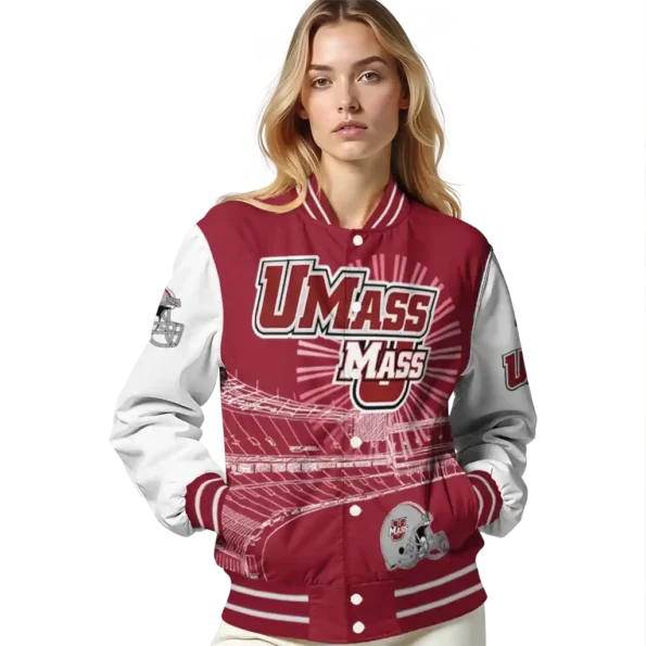customized umass minutemen ferris arena red white varsity jacket latest model.webp