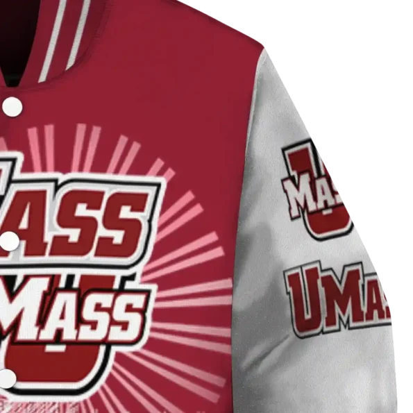 customized umass minutemen ferris arena red white varsity jacket premium grade.webp