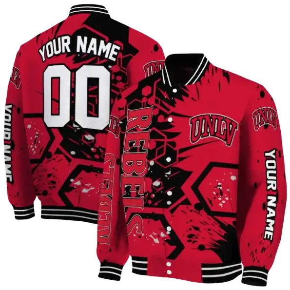 customized unlv rebels hexagon cluster red black varsity jacket fashion forward.webp
