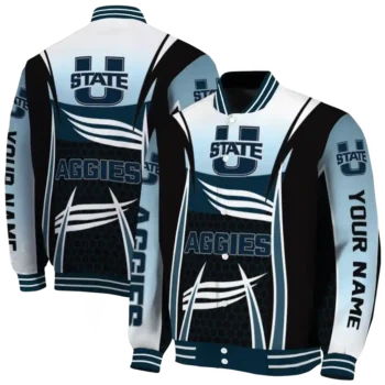 customized utah state aggies mesh effect navy black varsity jacket fashion forward.webp