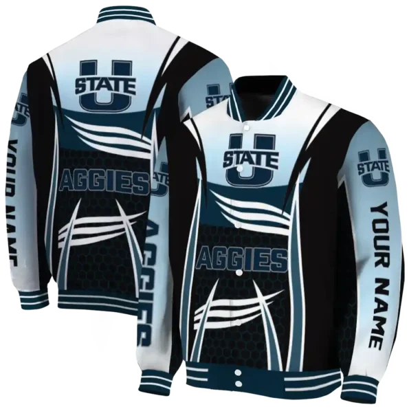 customized utah state aggies mesh effect navy black varsity jacket fashion forward.webp
