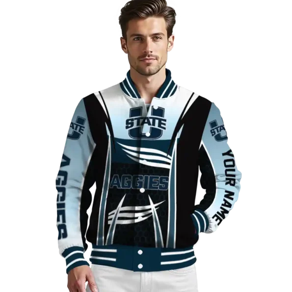 customized utah state aggies mesh effect navy black varsity jacket high quality.webp