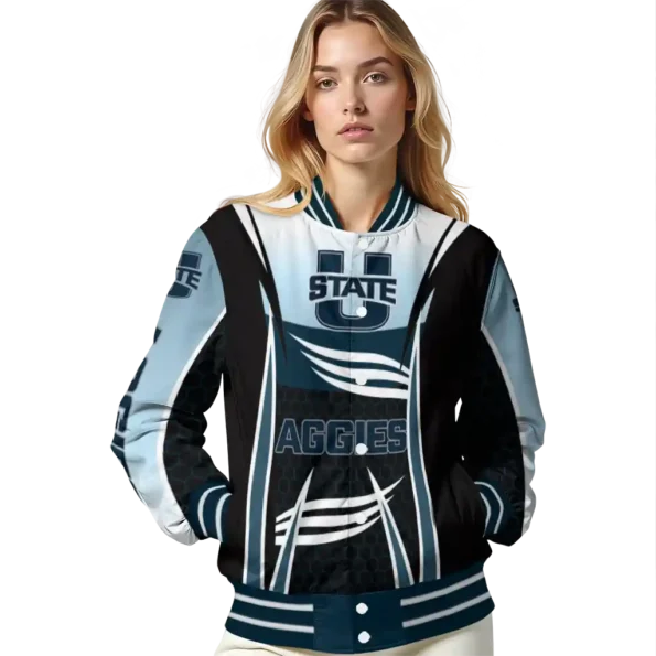 customized utah state aggies mesh effect navy black varsity jacket latest model.webp