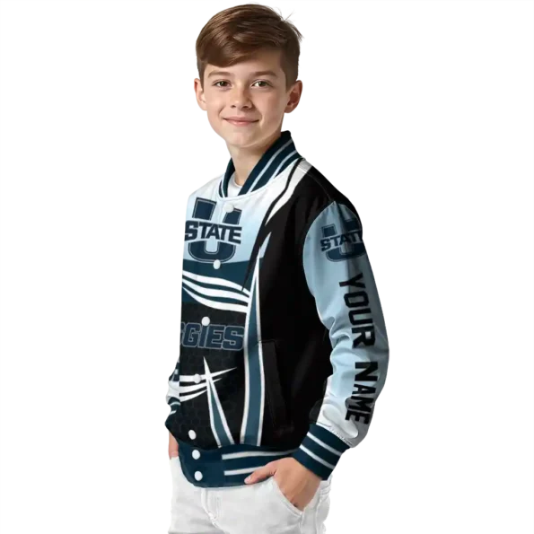 customized utah state aggies mesh effect navy black varsity jacket trendy.webp
