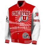customized utah utes ferris arena red white varsity jacket best selling.webp