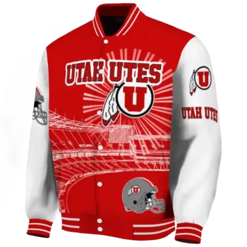 customized utah utes ferris arena red white varsity jacket best selling.webp