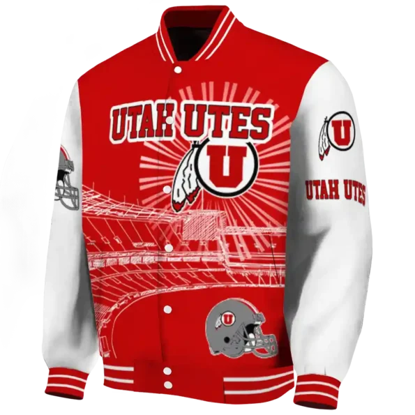 customized utah utes ferris arena red white varsity jacket best selling.webp