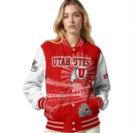 customized utah utes ferris arena red white varsity jacket best selling.webp