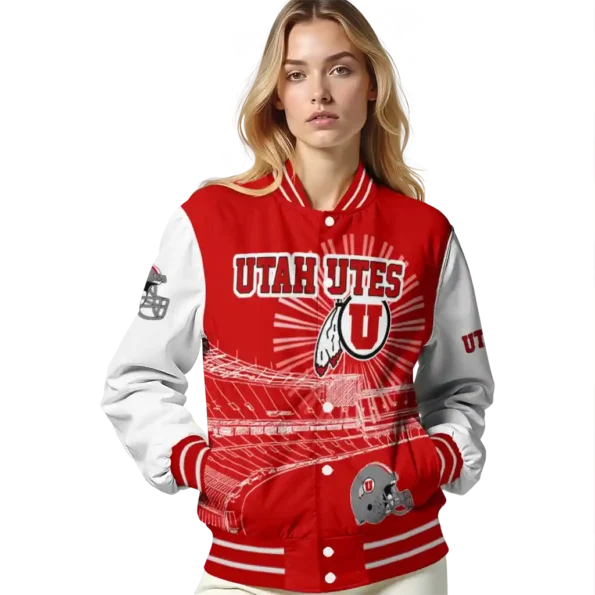 customized utah utes ferris arena red white varsity jacket latest model.webp