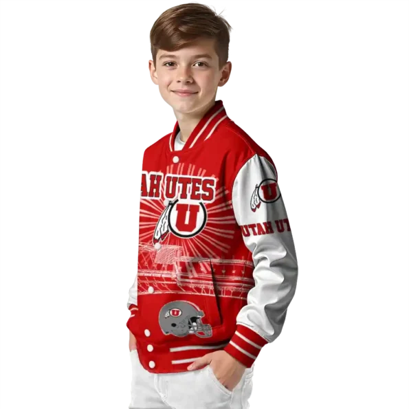 customized utah utes ferris arena red white varsity jacket trendy.webp