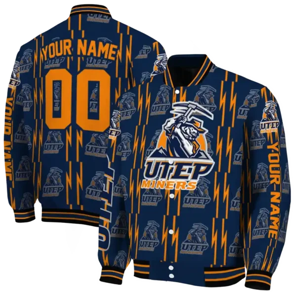 customized utep miners bolt stripe blue varsity jacket fashion forward.webp