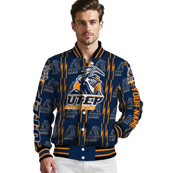 customized utep miners bolt stripe blue varsity jacket high quality.webp