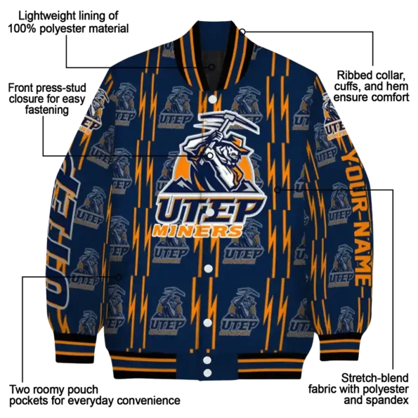 customized utep miners bolt stripe blue varsity jacket new arrival.webp