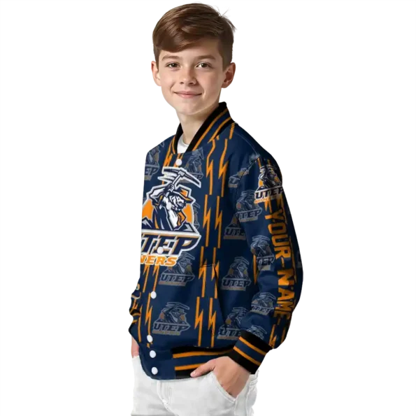customized utep miners bolt stripe blue varsity jacket trendy.webp
