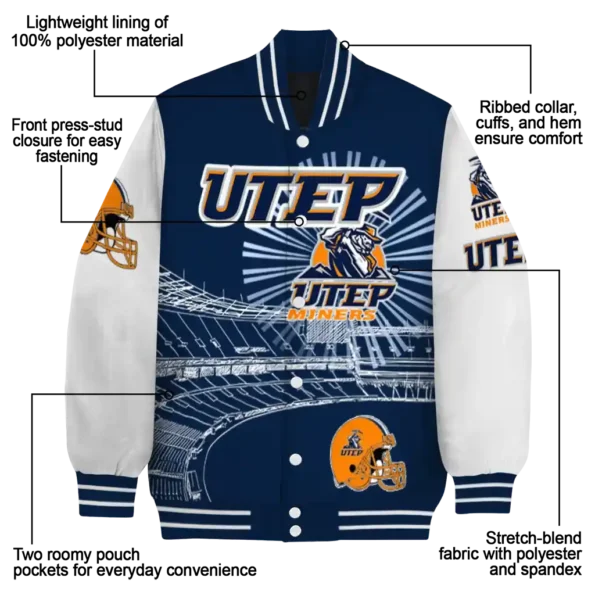 customized utep miners ferris arena blue white varsity jacket new arrival.webp