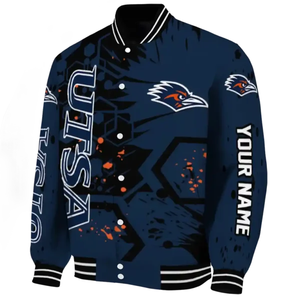 customized utsa roadrunners hexagon cluster orange black varsity jacket best selling.webp