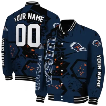 customized utsa roadrunners hexagon cluster orange black varsity jacket fashion forward.webp